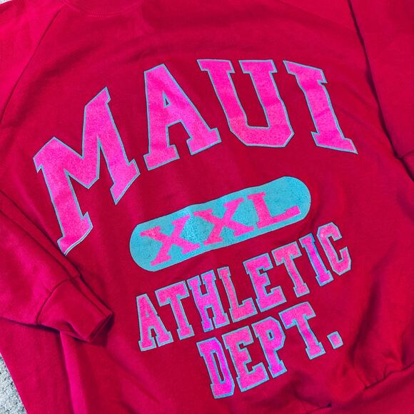 vintage retro 80s Hawaiian MAUI XXL Athletic Department Red/Pink Neon Crewneck - Picture 2 of 5